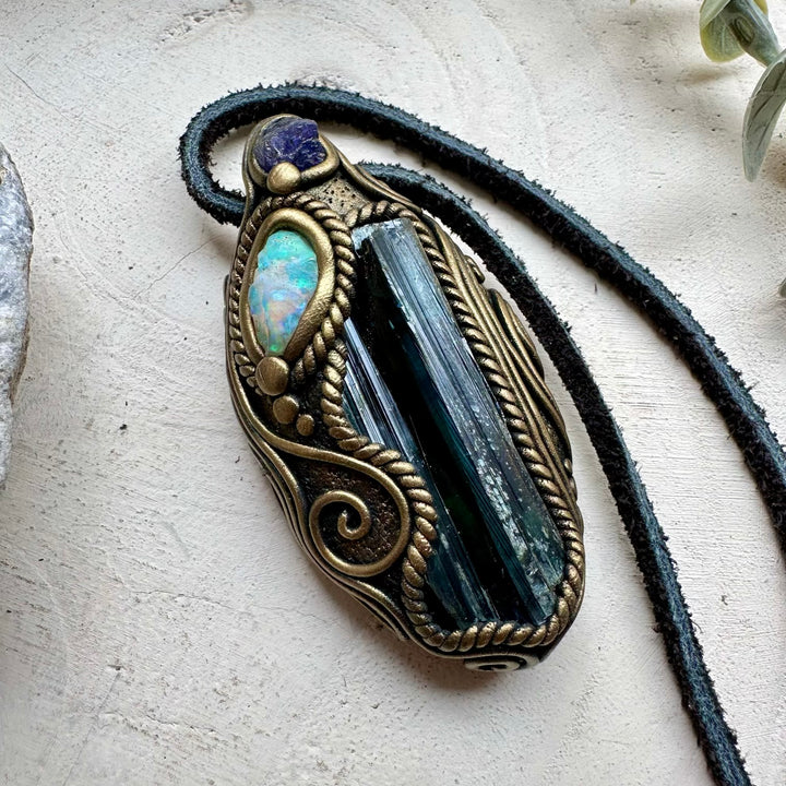 Natural gemstone necklace with opal vivianite and tanzanite