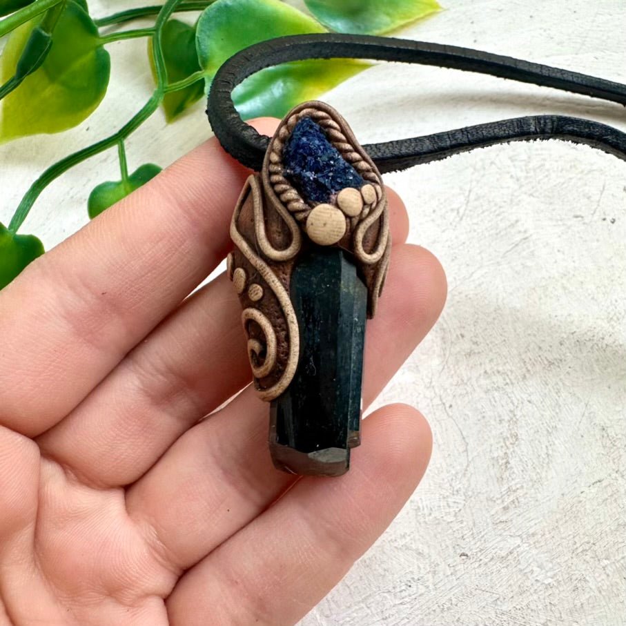 Vivianite and Azurite Necklace, Unisex Handmade Pendant - FairyGardenGlow