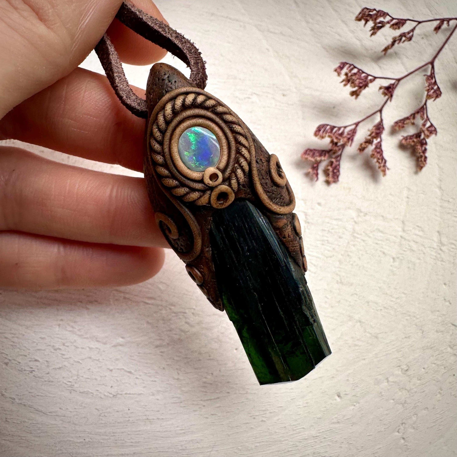 Vivianite and Semi Black Australian Opal Pendant Necklace - FairyGardenGlow