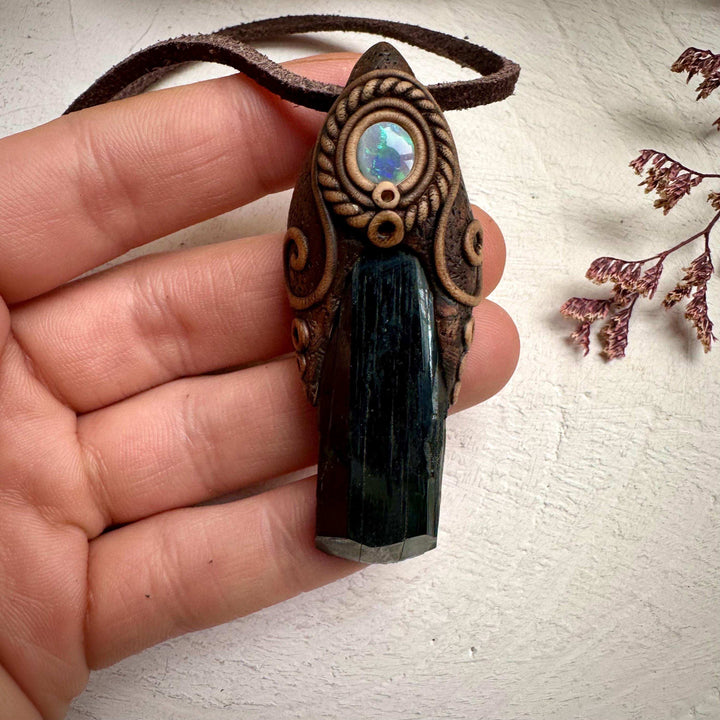 Vivianite and Semi Black Australian Opal Pendant Necklace - FairyGardenGlow