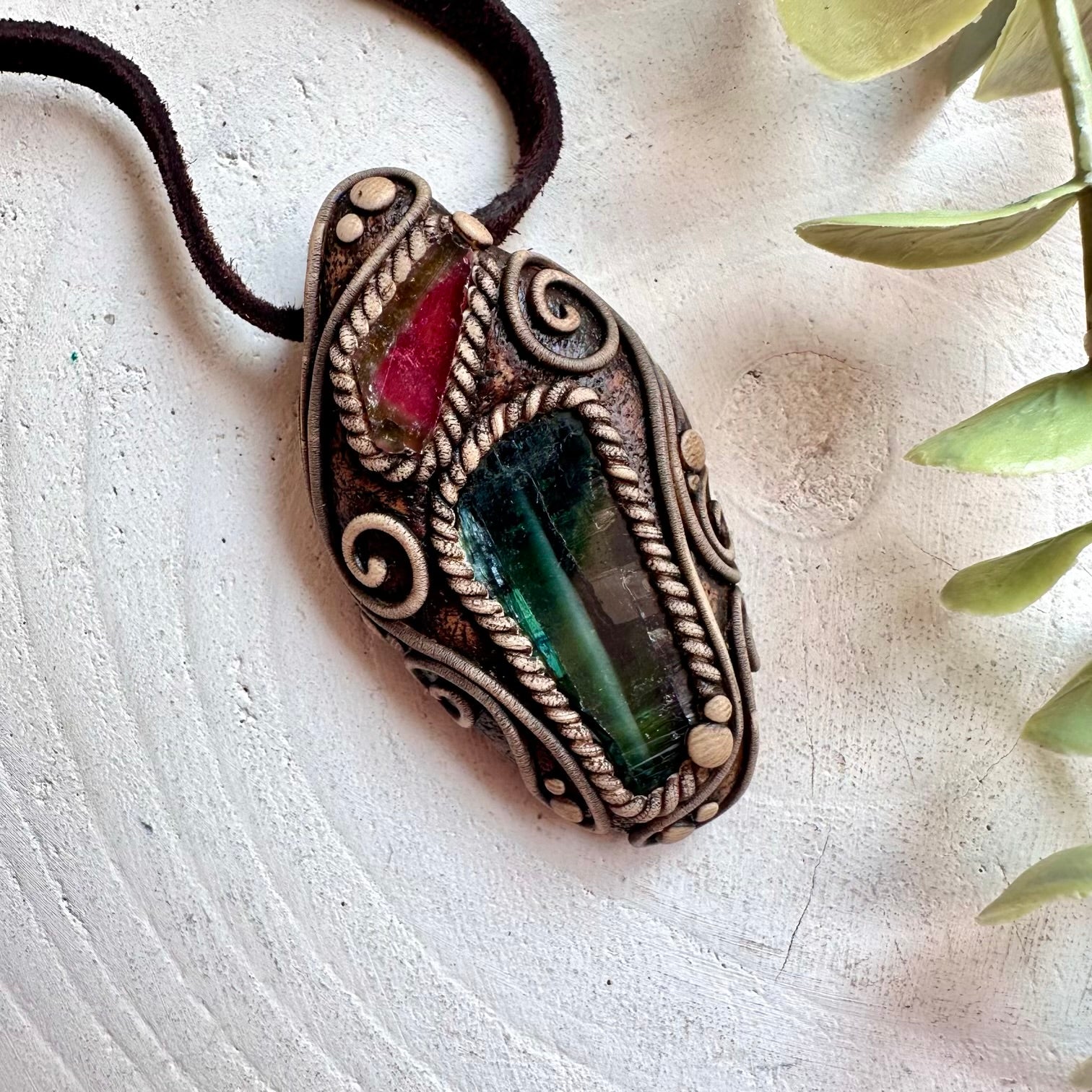 Handmade Vivianite and Watermelon Tourmaline pendant featuring raw crystal gemstone necklace jewelry
