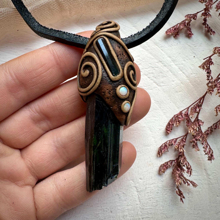 Vivianite Blue Tourmaline and Australian Opal Pendant Necklace - FairyGardenGlow