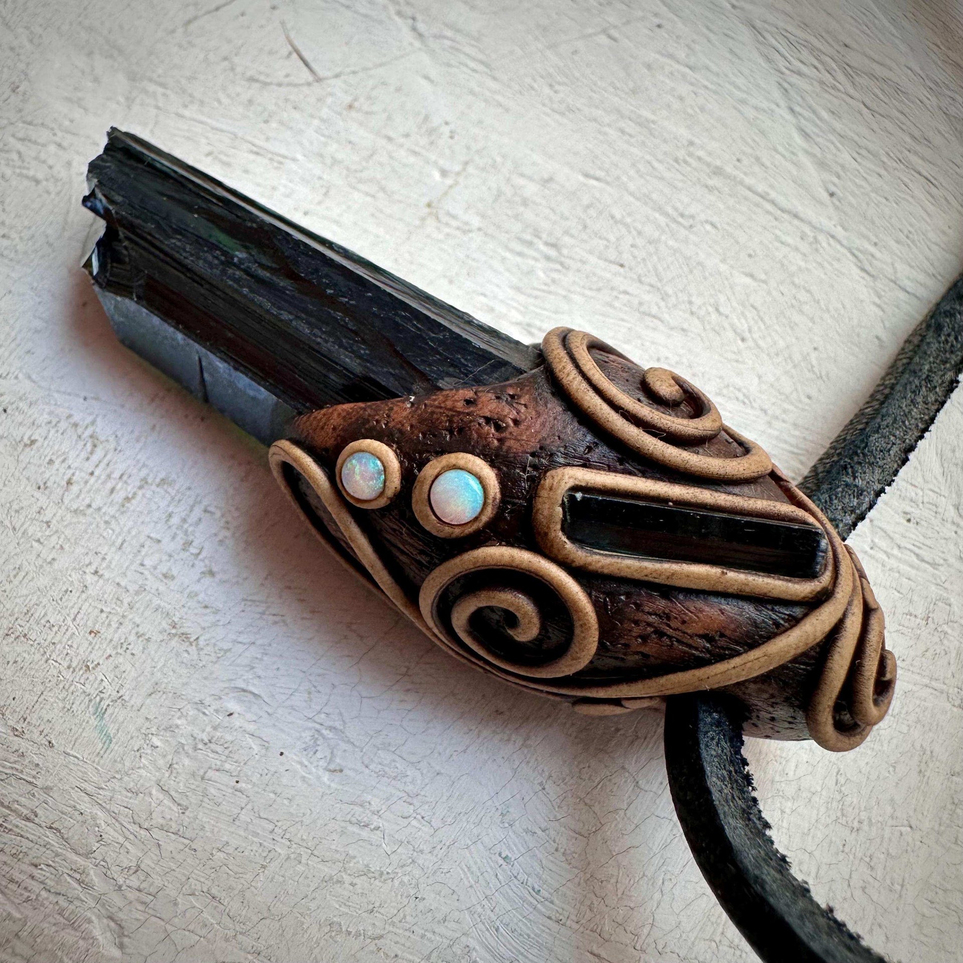 Vivianite Blue Tourmaline and Australian Opal Pendant Necklace - FairyGardenGlow