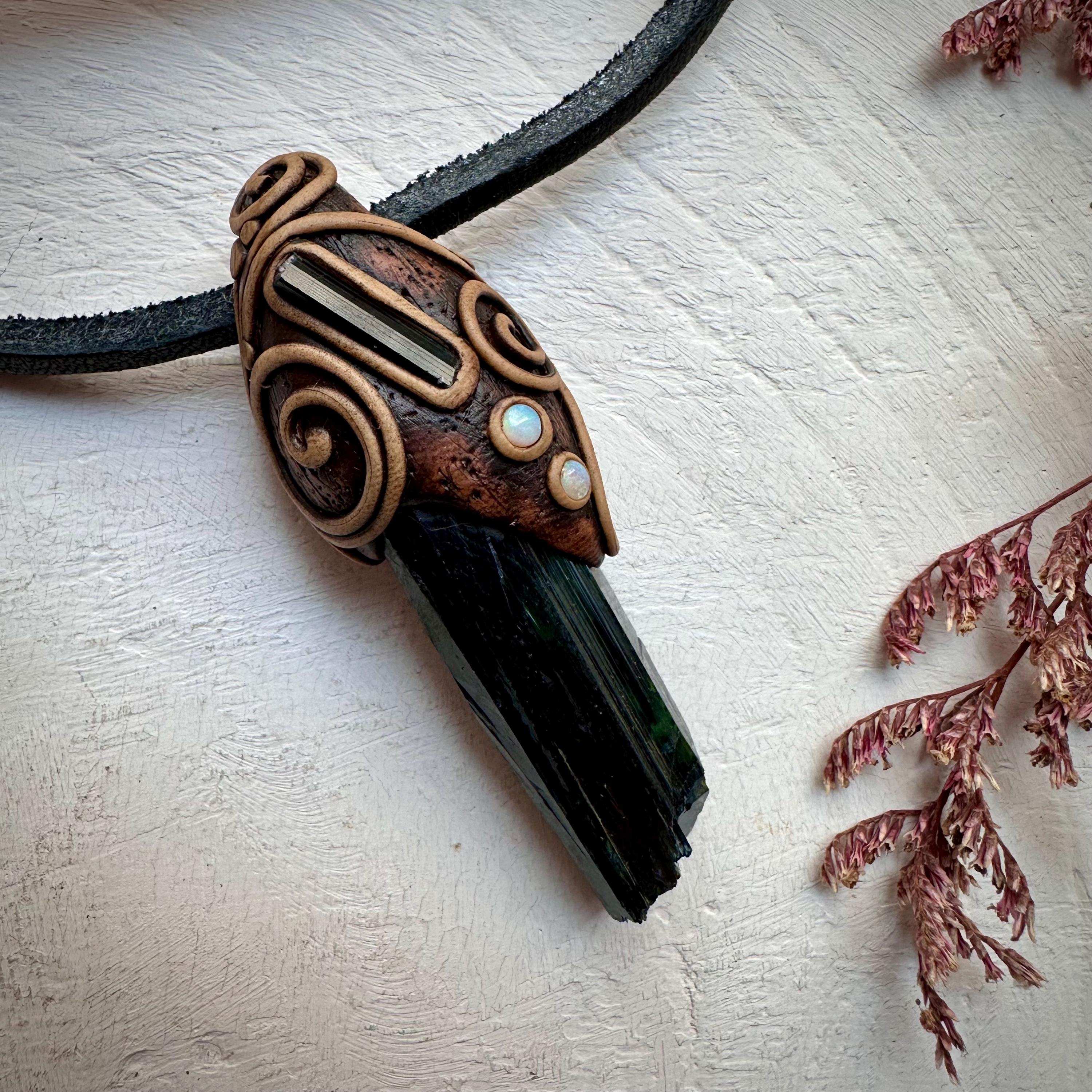 Vivianite Blue Tourmaline and Australian Opal Pendant Necklace - FairyGardenGlow