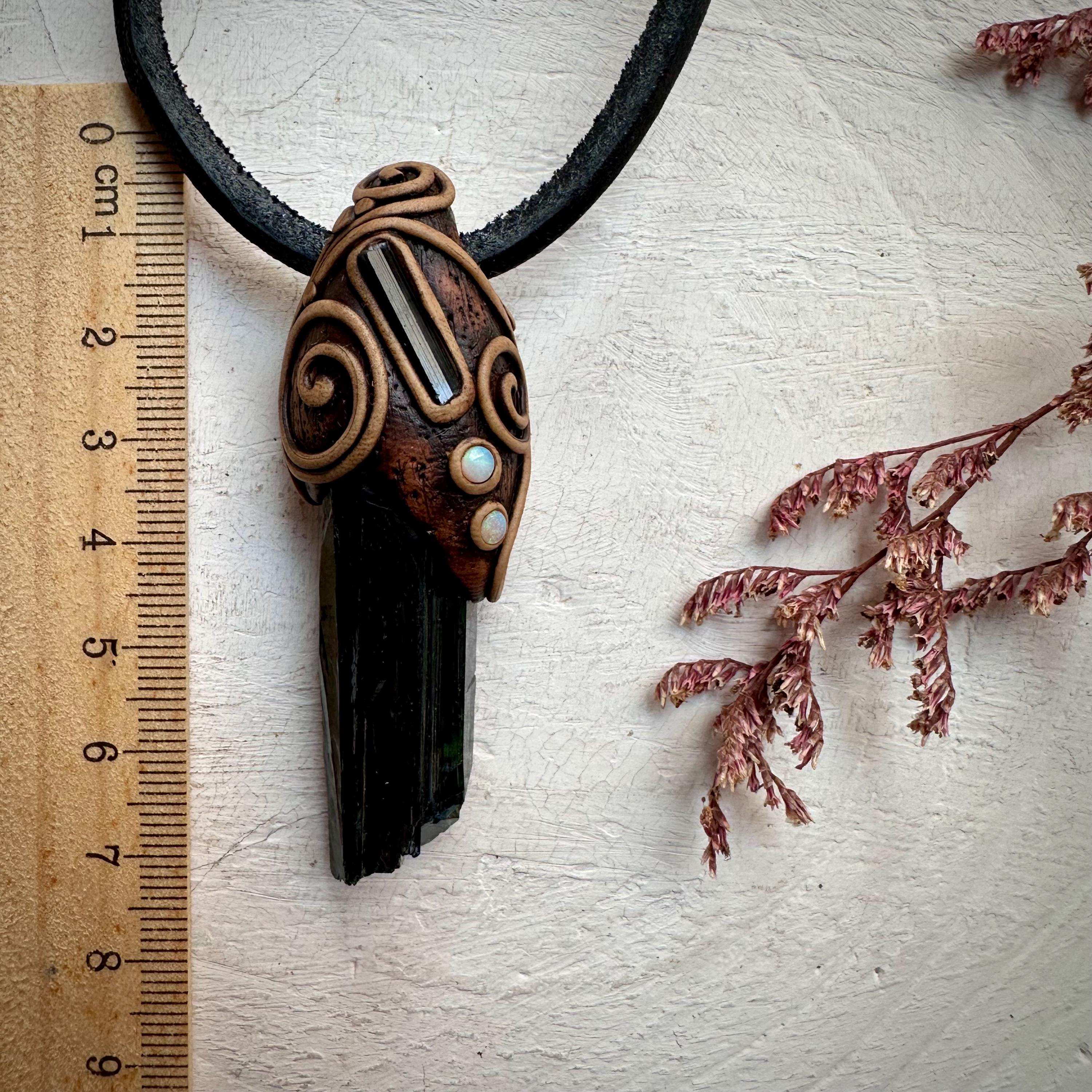 Vivianite Blue Tourmaline and Australian Opal Pendant Necklace - FairyGardenGlow