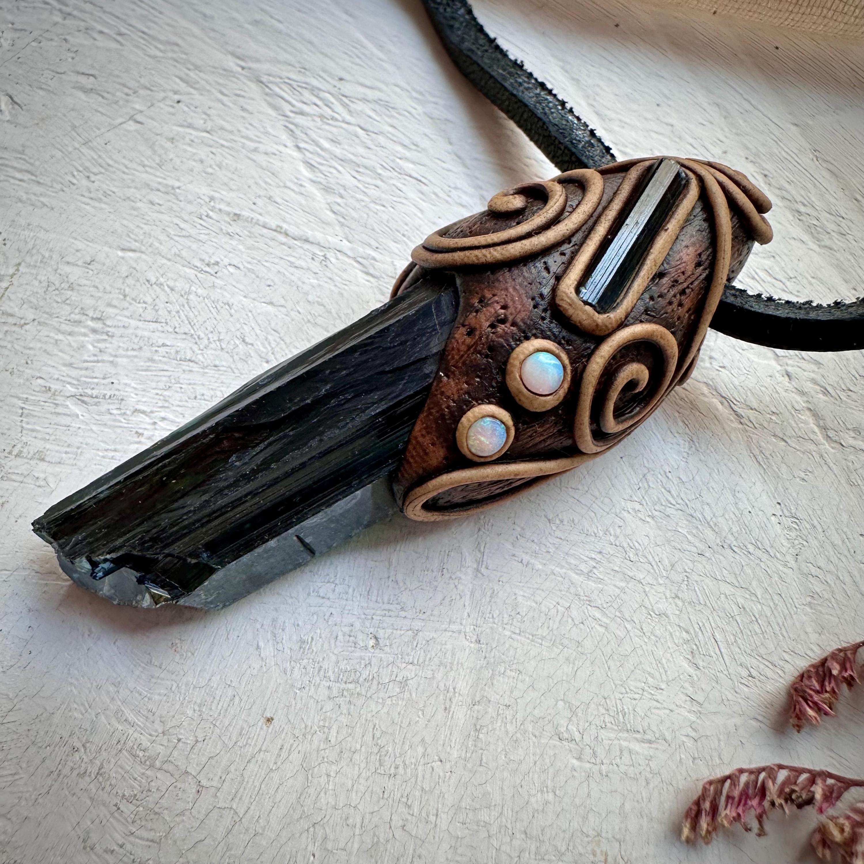 Vivianite Blue Tourmaline and Australian Opal Pendant Necklace - FairyGardenGlow