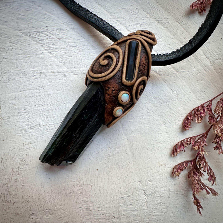 Vivianite Blue Tourmaline and Australian Opal Pendant Necklace - FairyGardenGlow