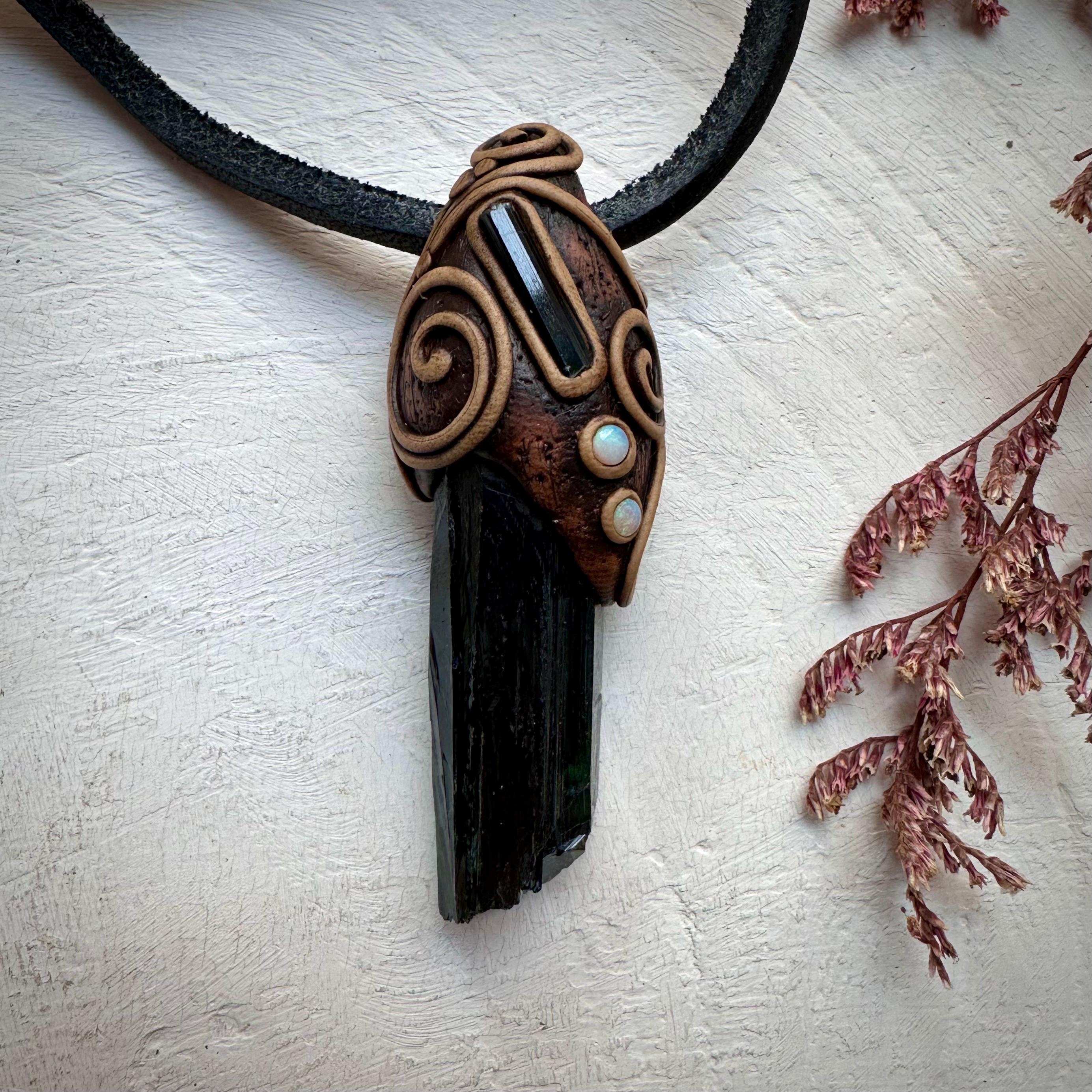 Vivianite Blue Tourmaline and Australian Opal Pendant Necklace - FairyGardenGlow