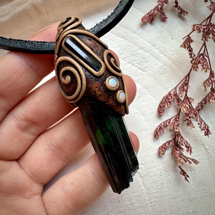 Vivianite Blue Tourmaline and Australian Opal Pendant Necklace - FairyGardenGlow