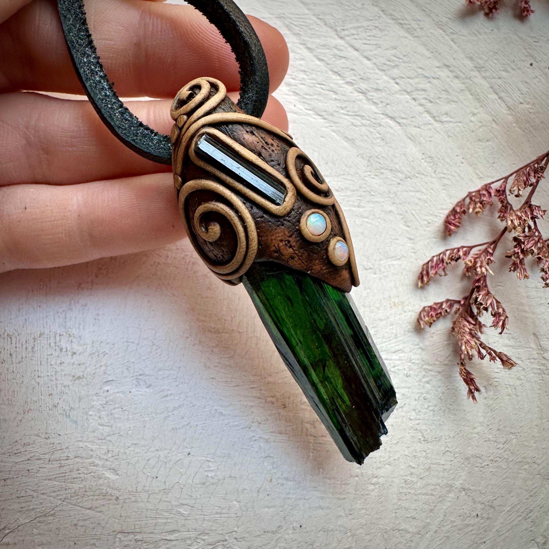 Vivianite Blue Tourmaline and Australian Opal Pendant Necklace - FairyGardenGlow