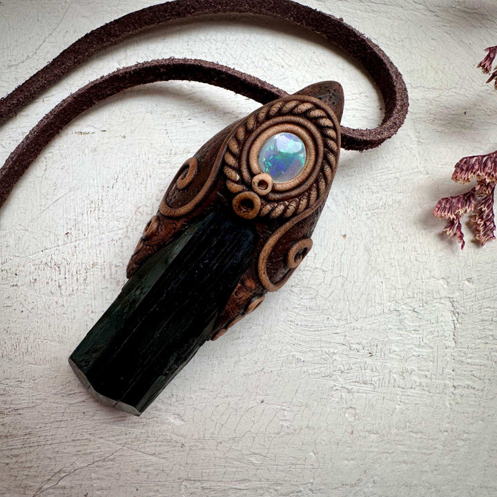 Vivianite and Semi Black Australian Opal Pendant Necklace - FairyGardenGlow