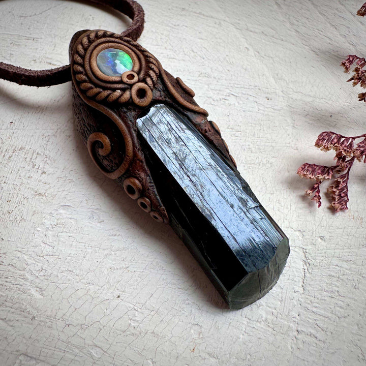Vivianite and Semi Black Australian Opal Pendant Necklace - FairyGardenGlow