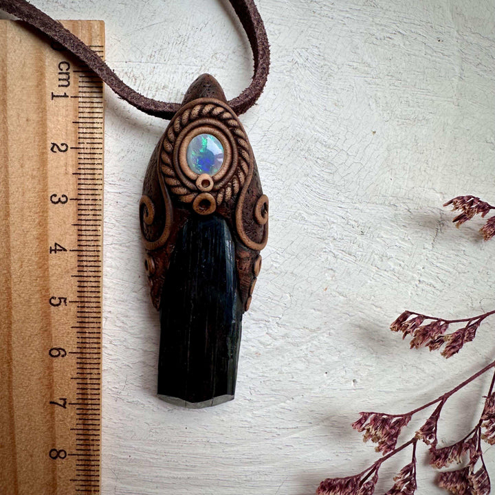 Vivianite and Semi Black Australian Opal Pendant Necklace - FairyGardenGlow