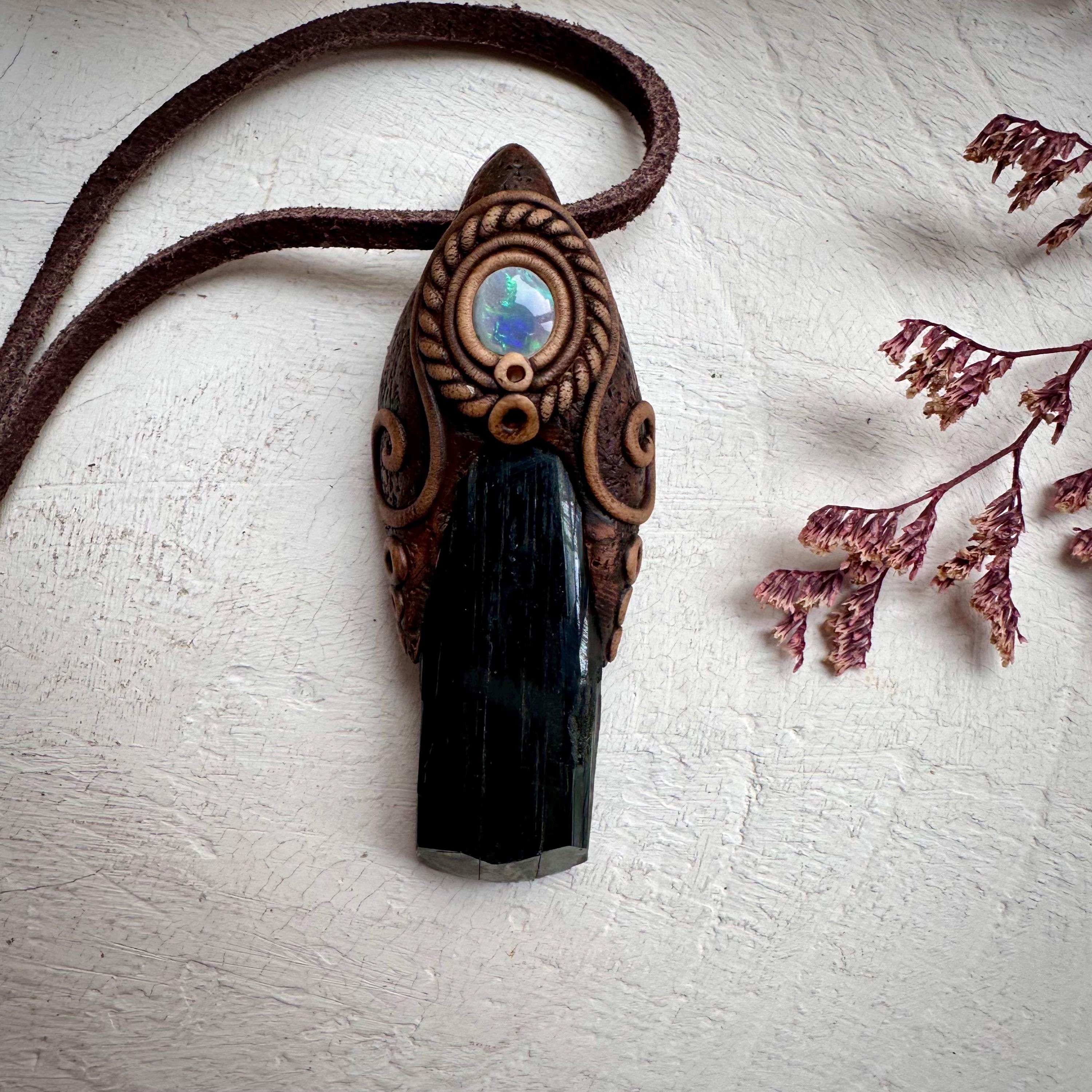 Vivianite and Semi Black Australian Opal Pendant Necklace - FairyGardenGlow