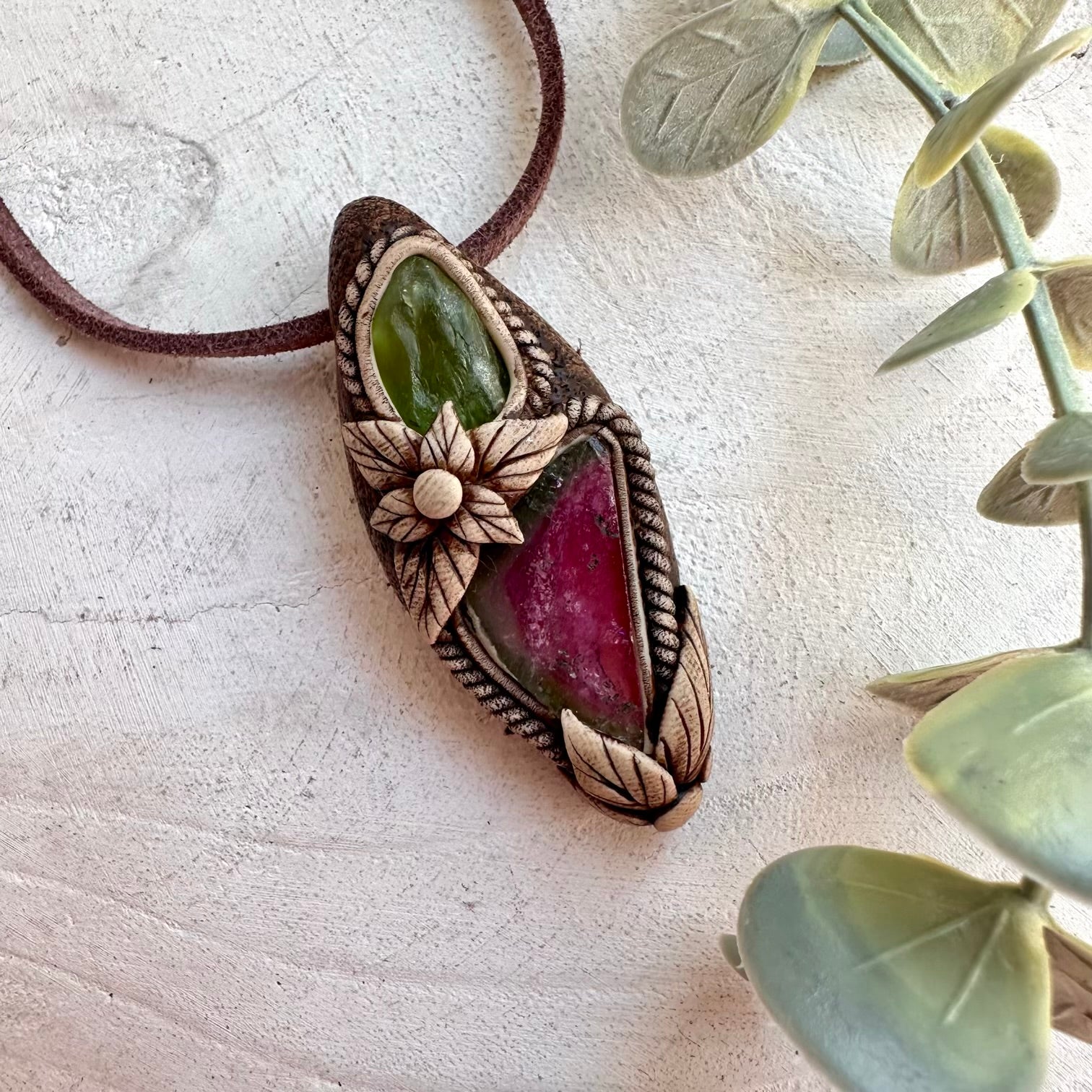 Raw Peridot pendant necklace with Watermelon Tourmaline crystal