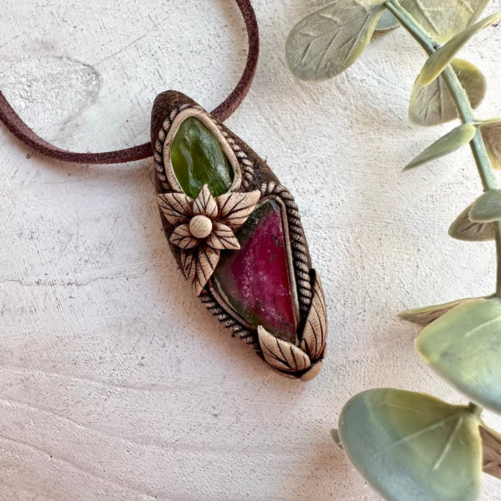 Raw Peridot pendant necklace with Watermelon Tourmaline crystal