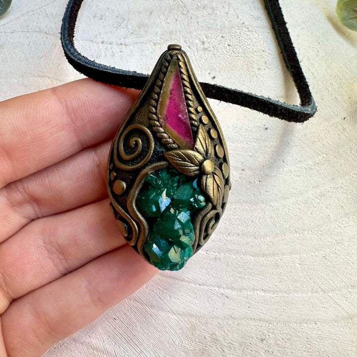 Handmade necklace with dioptase and watermelon tourmaline gemstones