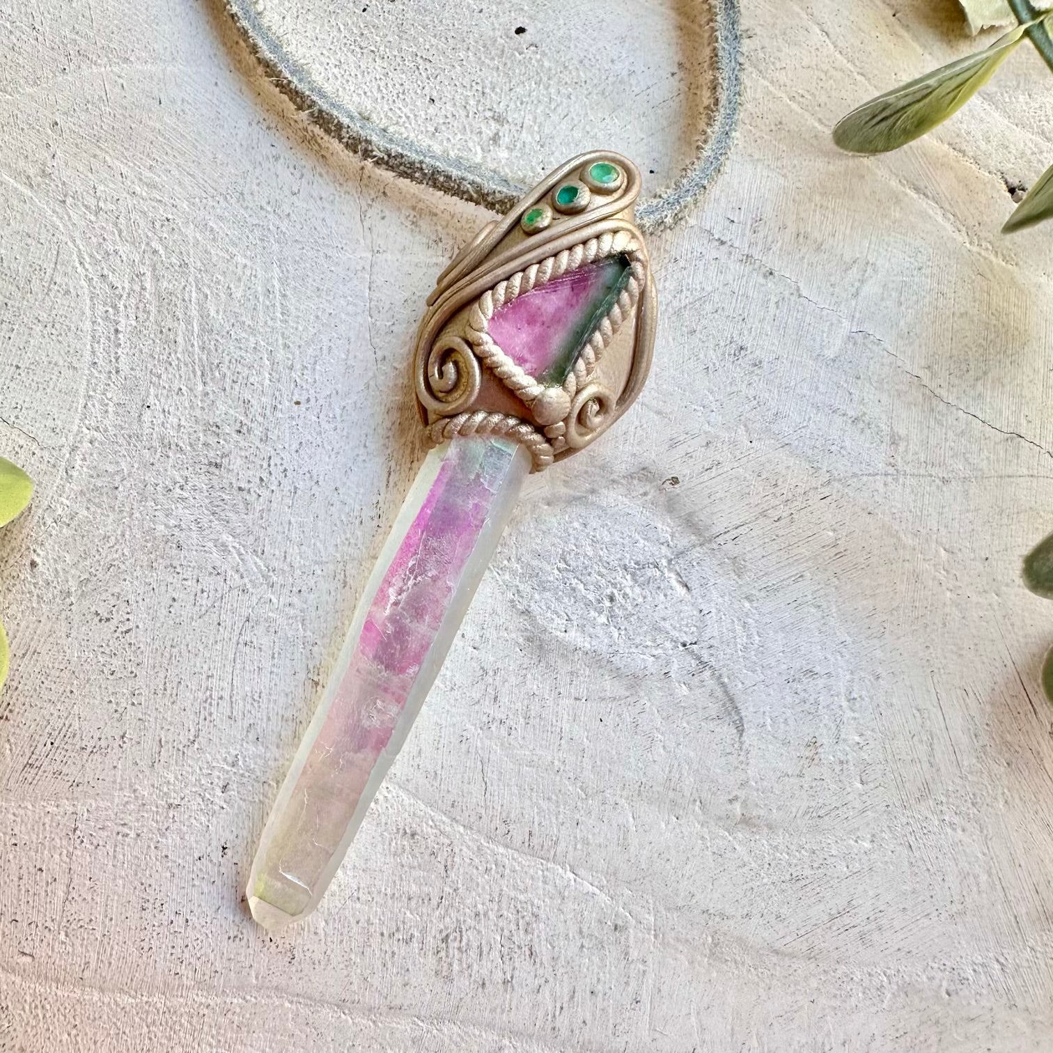 Boho jewelry protection amulet crystal necklace with angel aura quartz emerald and tourmaline