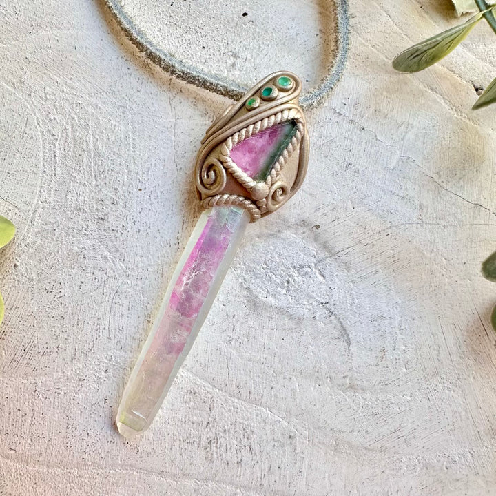 Boho jewelry protection amulet crystal necklace with angel aura quartz emerald and tourmaline