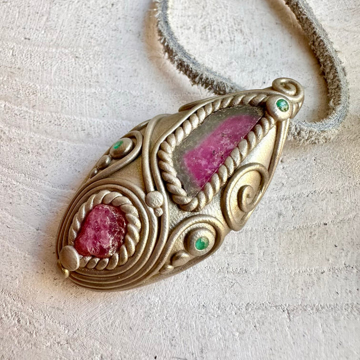 Spiritual gemstone jewelry handcrafted with Watermelon Tourmaline, Raw Spinel and Emerald.