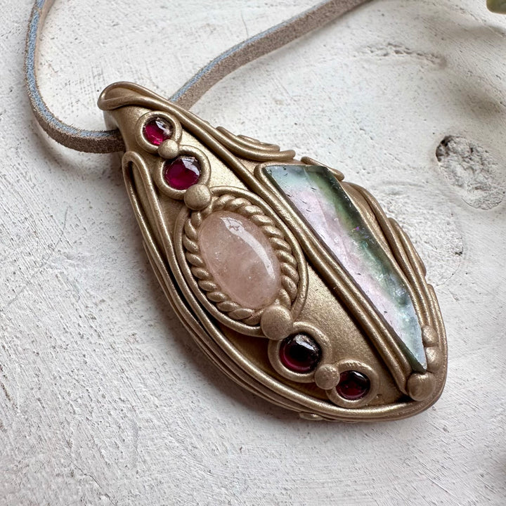 Spiritual jewelry combining watermelon tourmaline morganite and garnet
