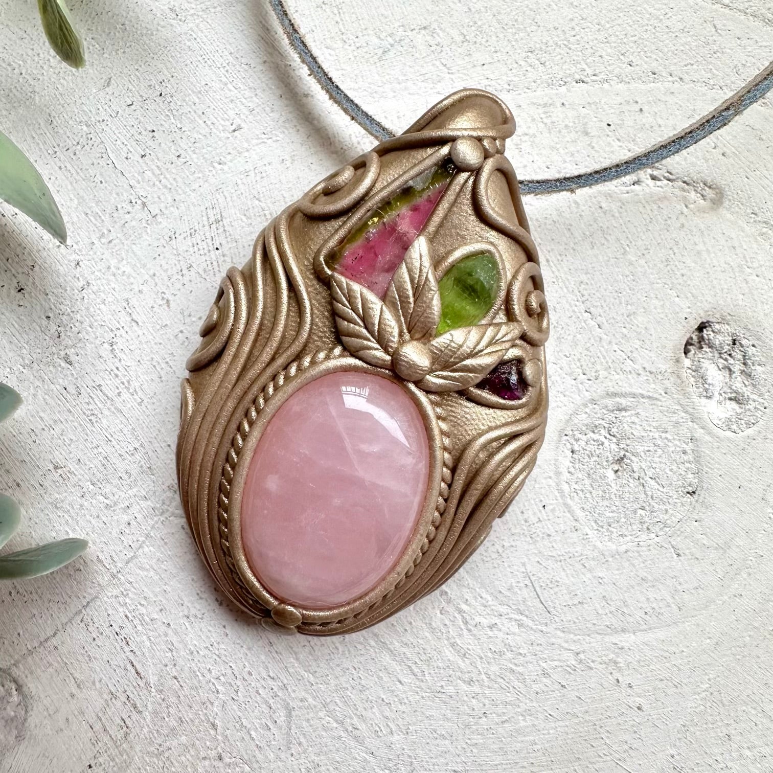 Handmade necklace with watermelon tourmaline and peridot gemstones