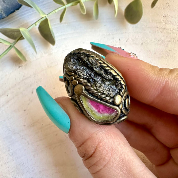 One of a kind moldavite and watermelon tourmaline ring