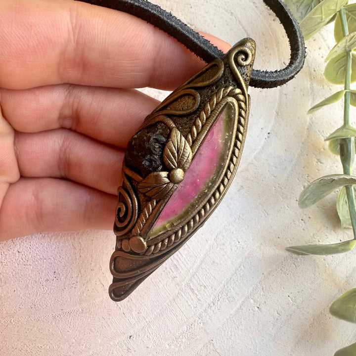 Watermelon tourmaline and moldavite pendant necklace