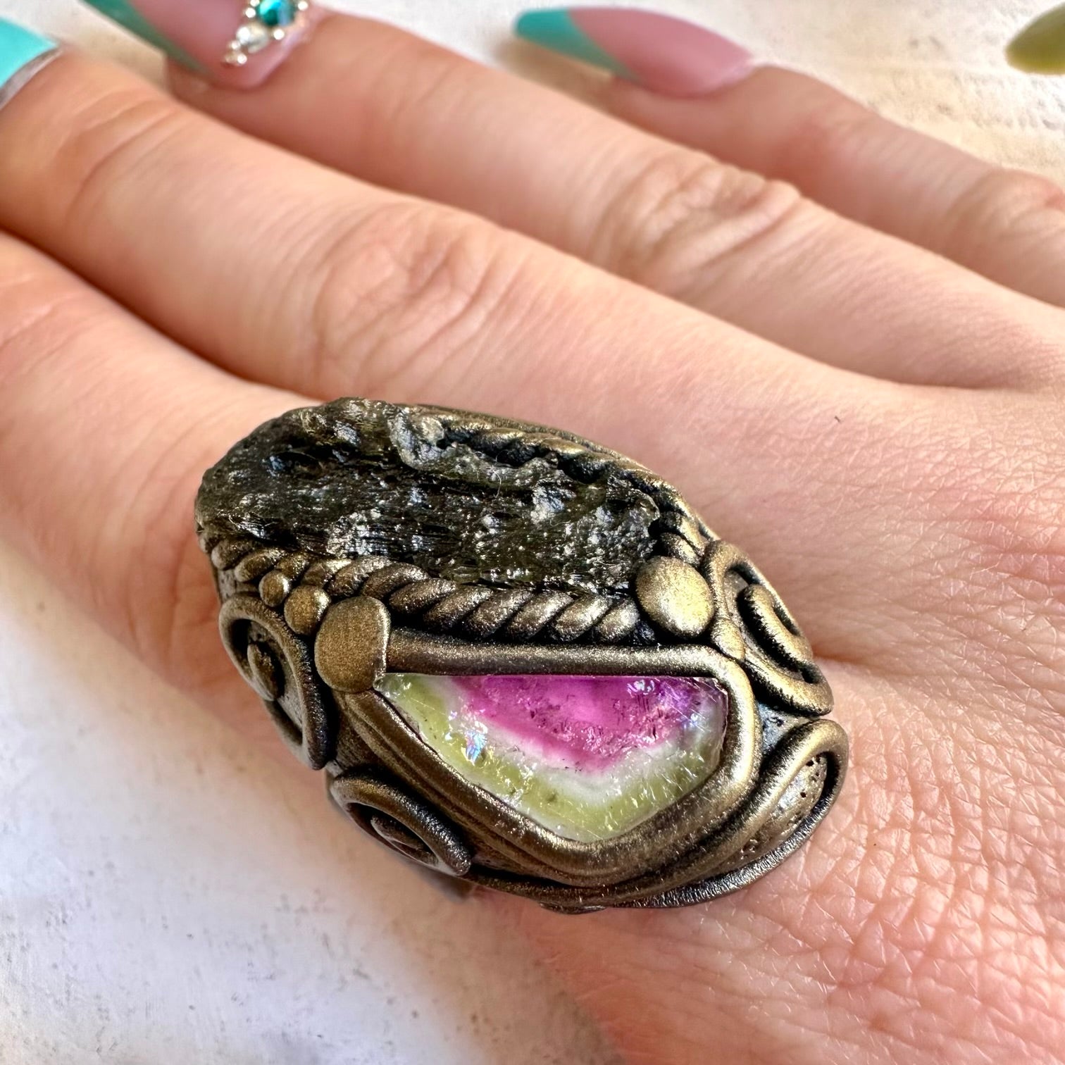 Watermelon tourmaline with moldavite handmade crystal ring