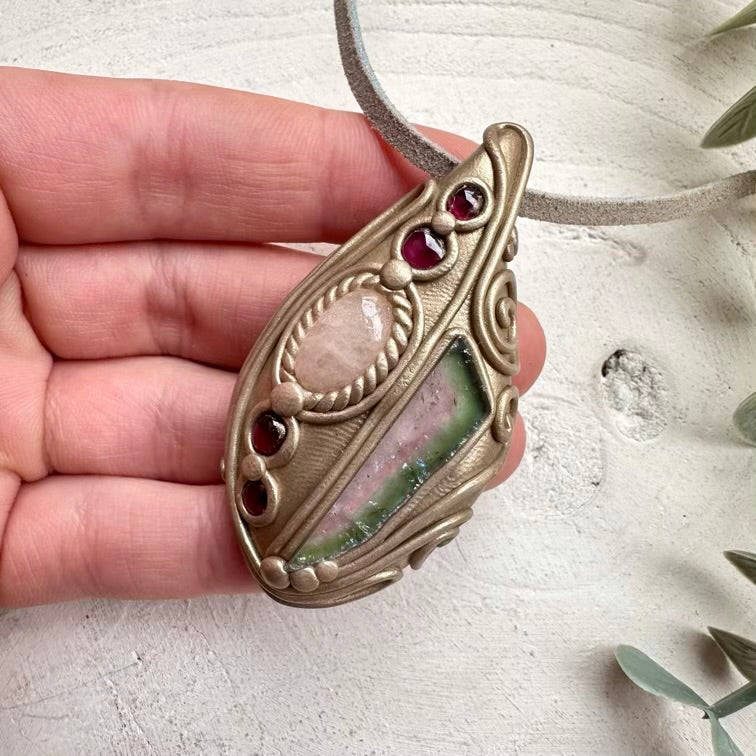 Watermelon tourmaline with morganite and rhodolite garnet necklace