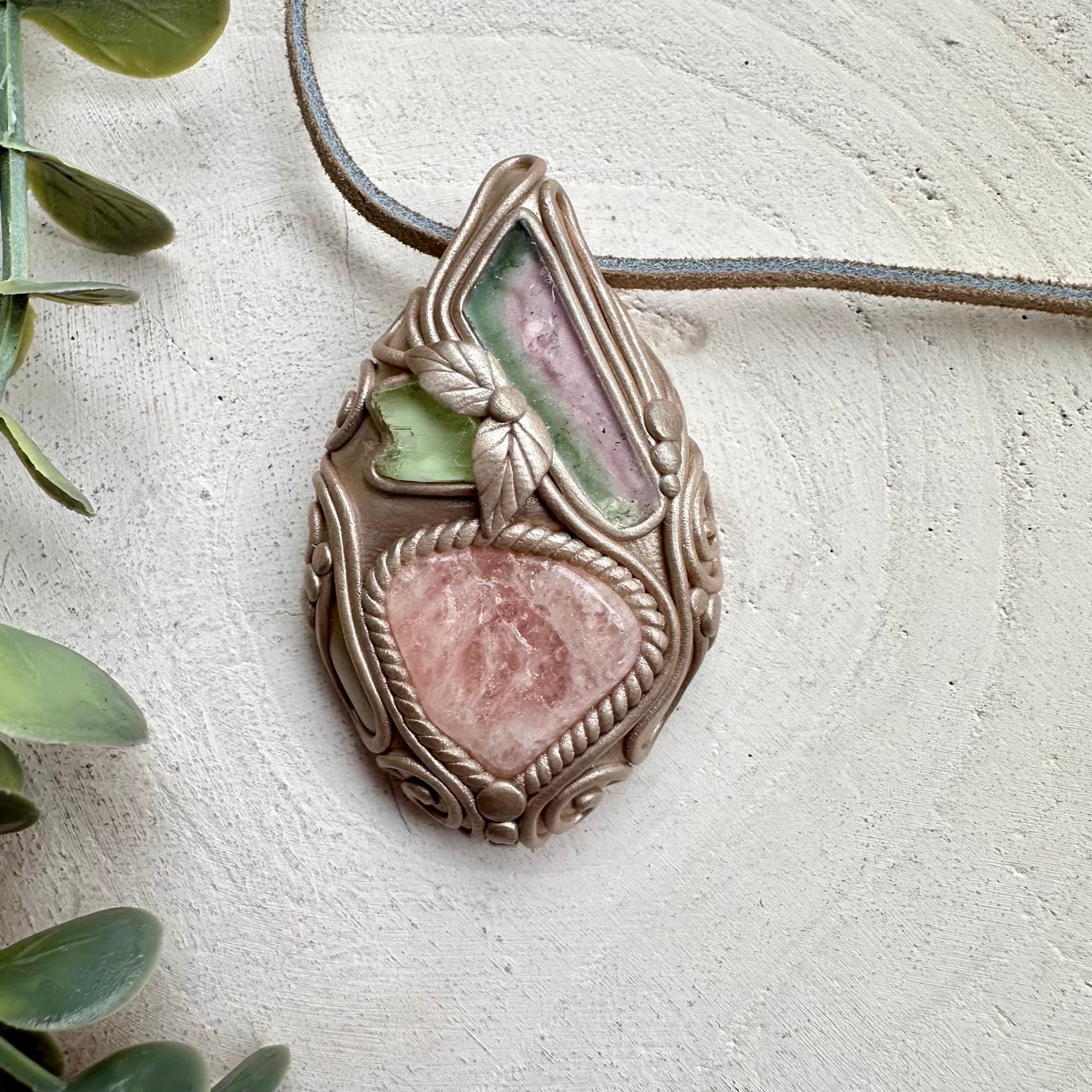 Handmade necklace with morganite and watermelon tourmaline gemstones