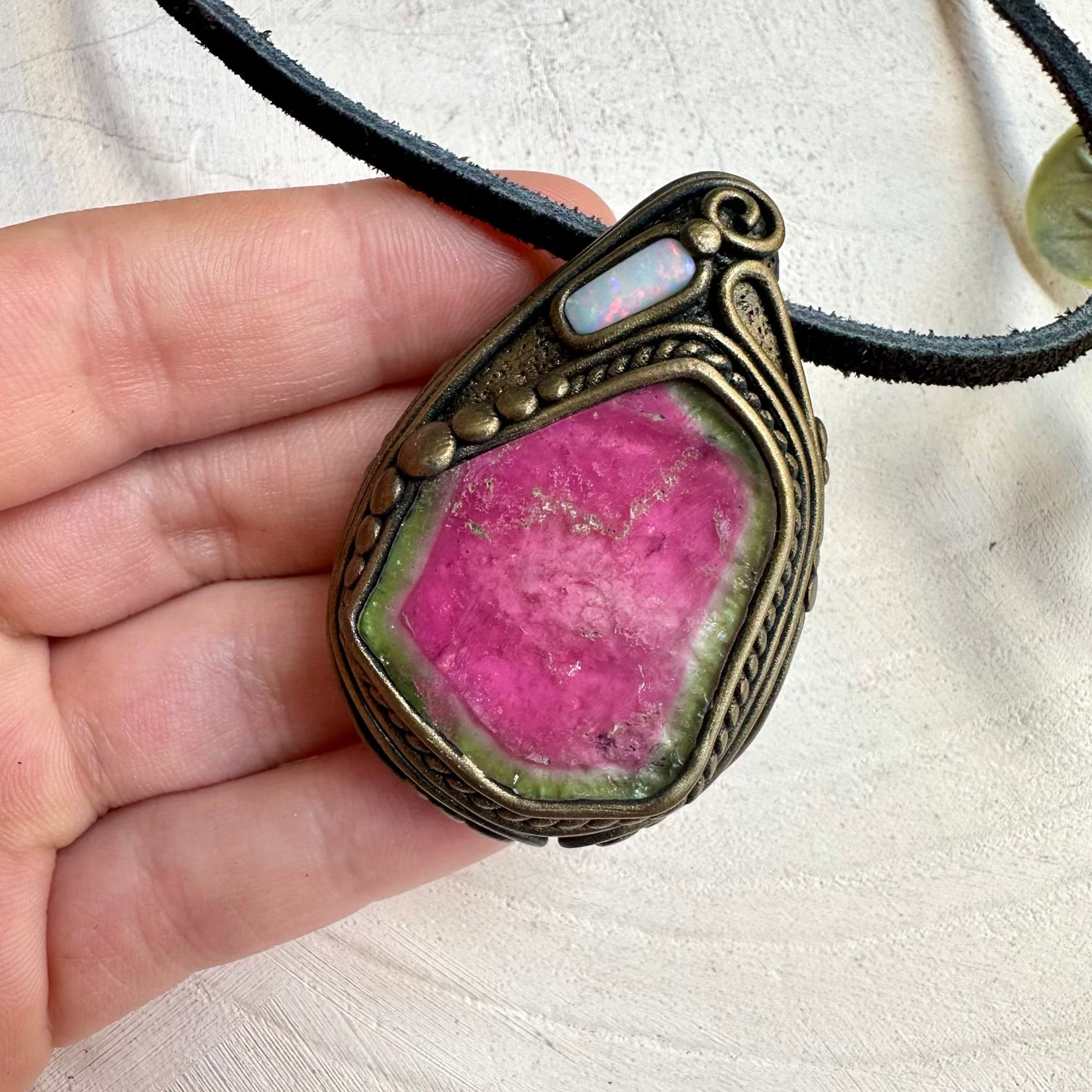 Watermelon tourmaline and Australian opal healing crystal necklace