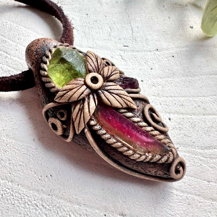 Crystal talisman necklace designed with Watermelon Tourmaline, Peridot and Rhodolite Garnet gemstones.