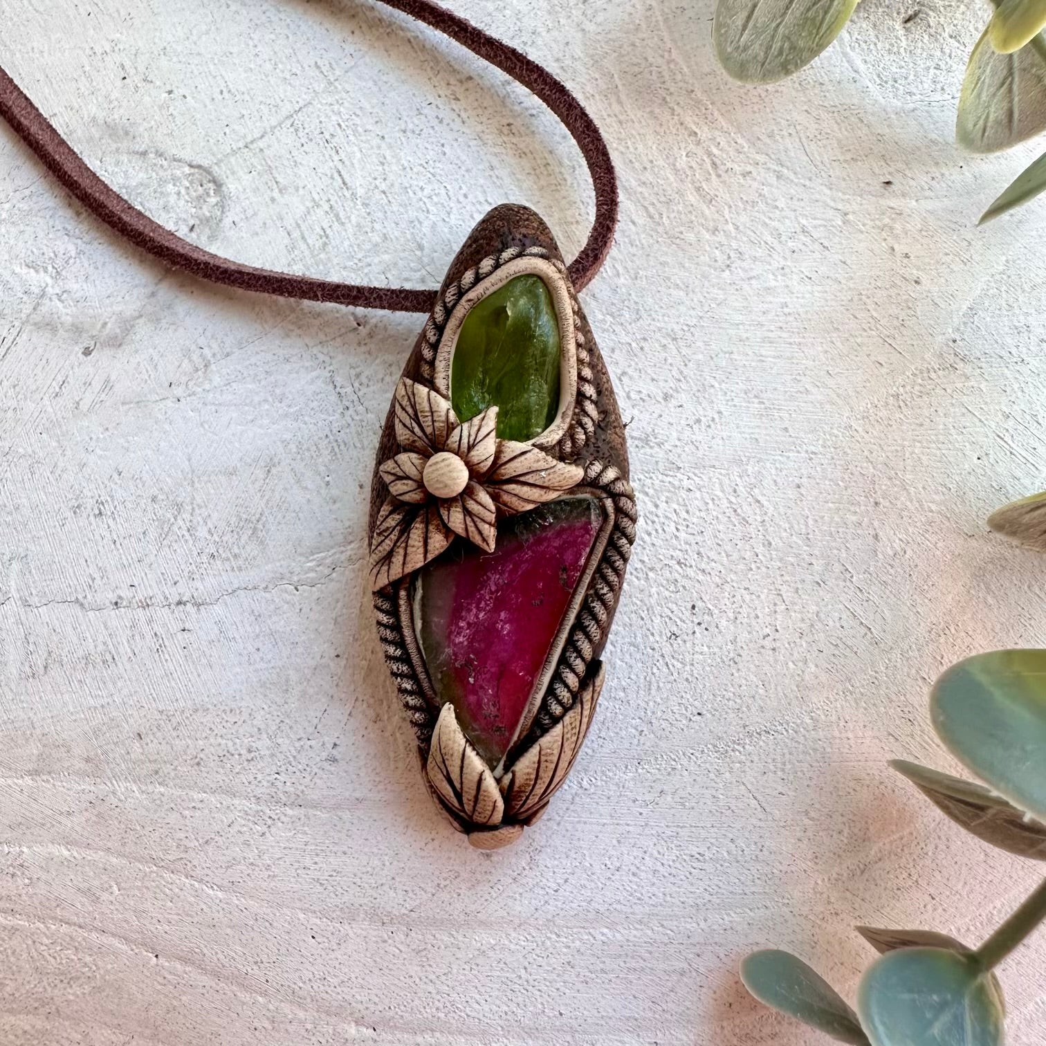 Watermelon Tourmaline and raw Peridot necklace handmade with natural gemstones