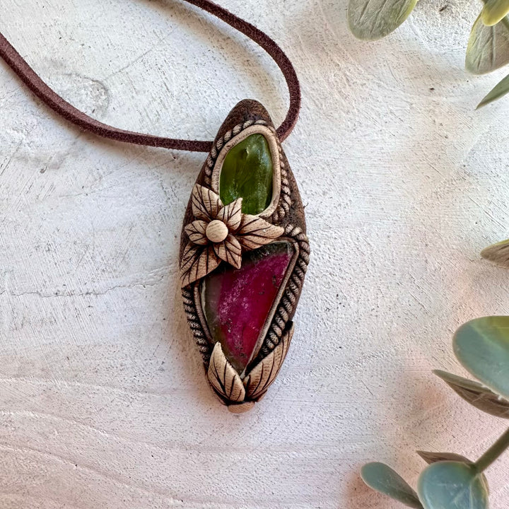 Watermelon Tourmaline and raw Peridot necklace handmade with natural gemstones