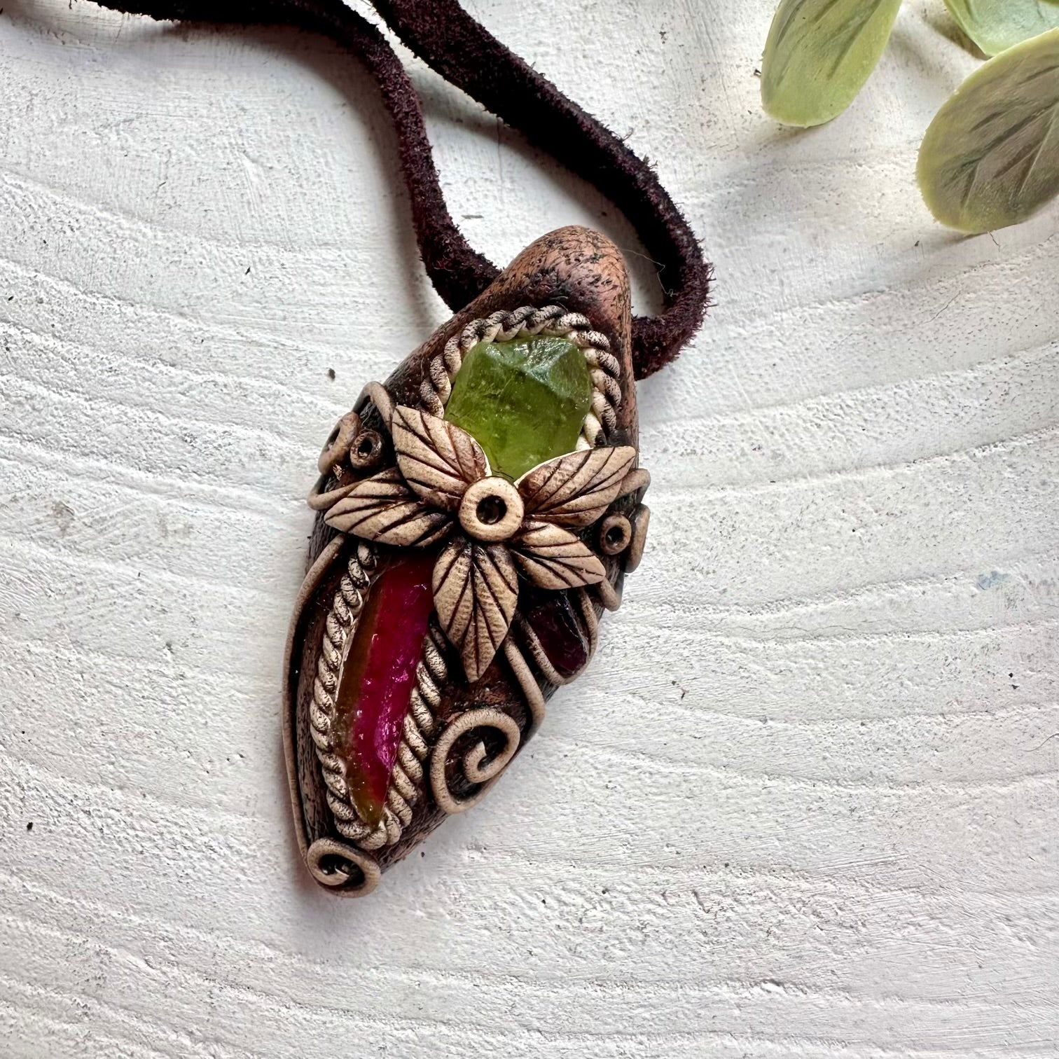 Handmade Watermelon Tourmaline with Peridot and Rhodolite Garnet healing crystal necklace.