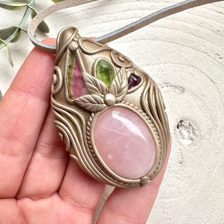 Watermelon tourmaline peridot and rhodolite garnet necklace