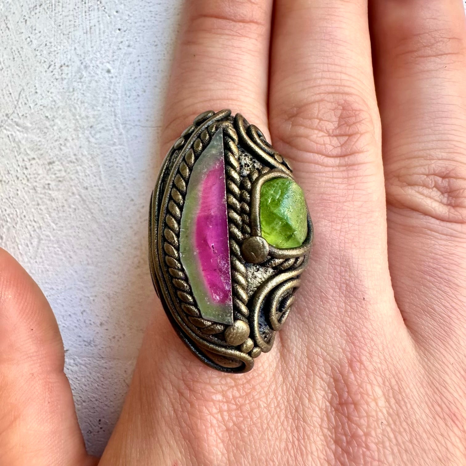 Watermelon tourmaline and peridot healing crystal ring