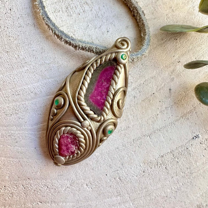 Handmade Watermelon Tourmaline, Raw Spinel and Emerald pendant necklace, a one of a kind healing crystal jewelry piece combining vibrant pink-and-green Tourmaline with natural Raw Spinel and rich green Emerald.