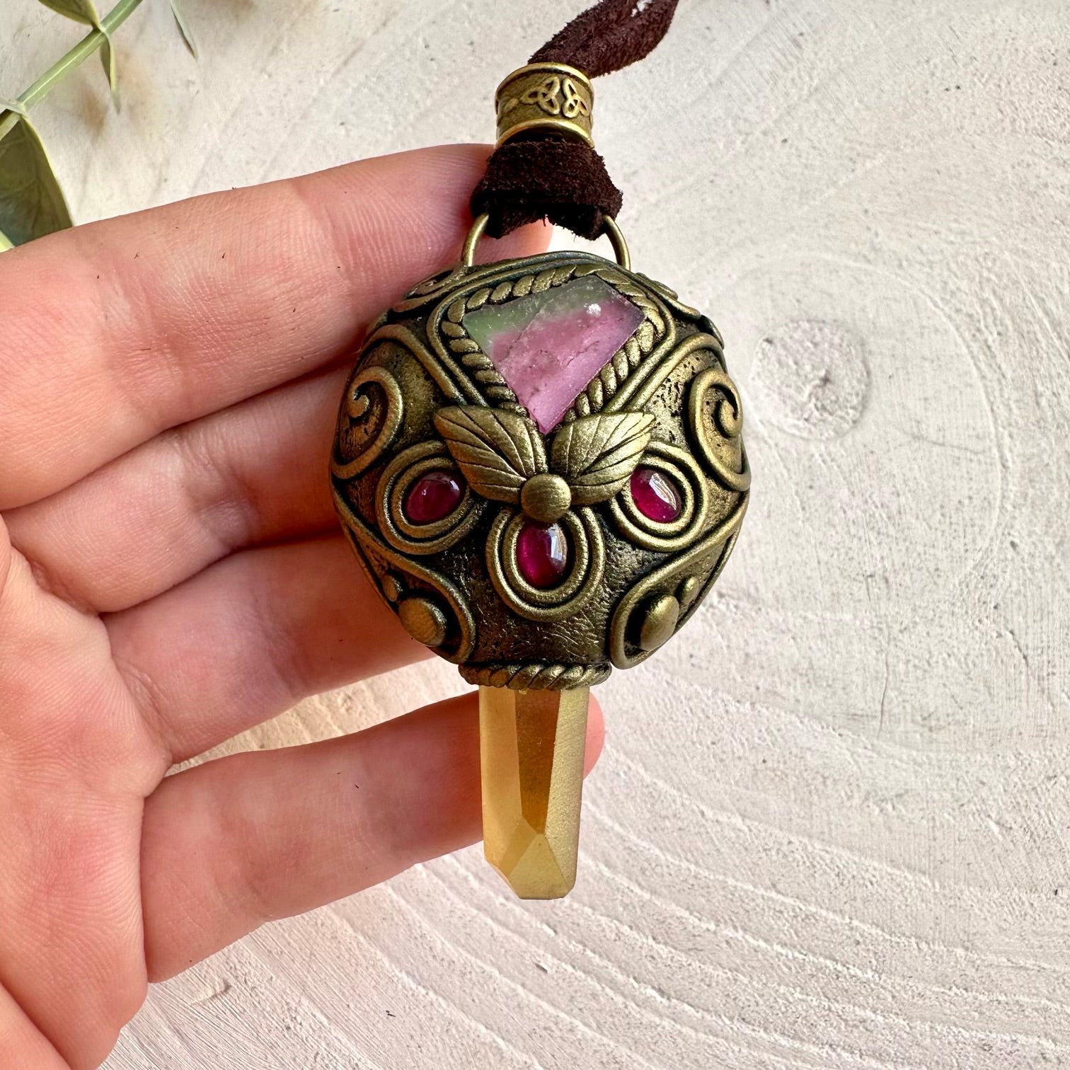 Handmade gemstone pendant with Sunset Aura Quartz, Watermelon Tourmaline and Rhodolite Garnet accents.