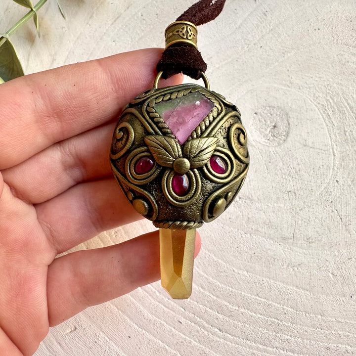 Handmade gemstone pendant with Sunset Aura Quartz, Watermelon Tourmaline and Rhodolite Garnet accents.