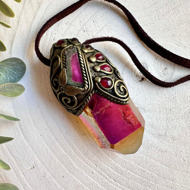 Unique healing crystal necklace combining Sunset Aura Quartz, Watermelon Tourmaline and Garnet.