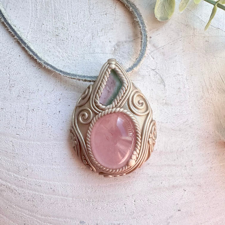 Crystal talisman necklace with rose quartz and watermelon tourmaline healing stones