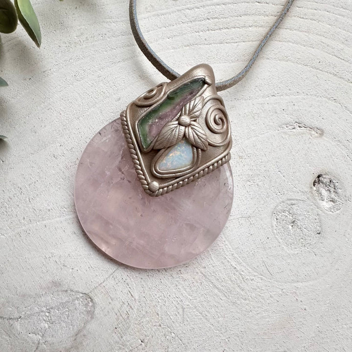 Healing crystal pendant with Australian opal and rose quartz