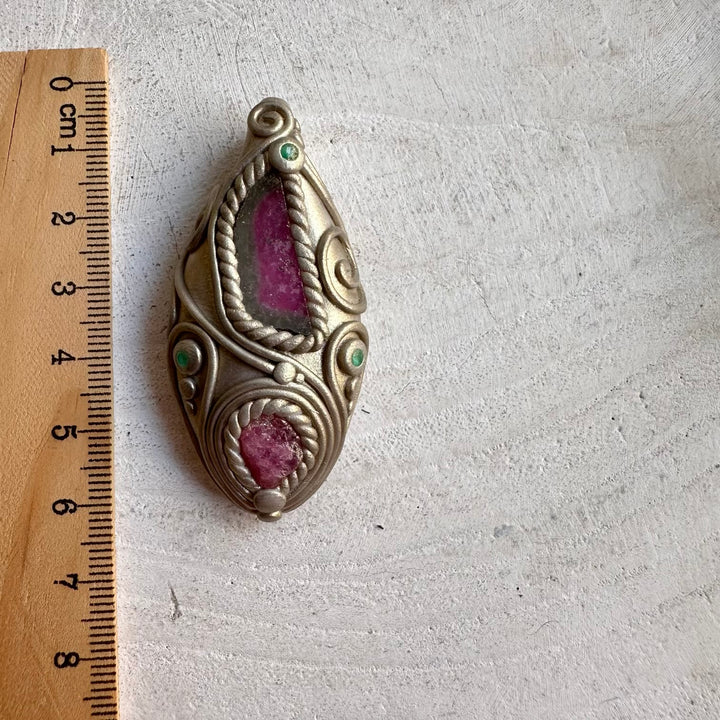Handmade pendant necklace featuring Watermelon Tourmaline, Raw Spinel and Emerald gemstones.