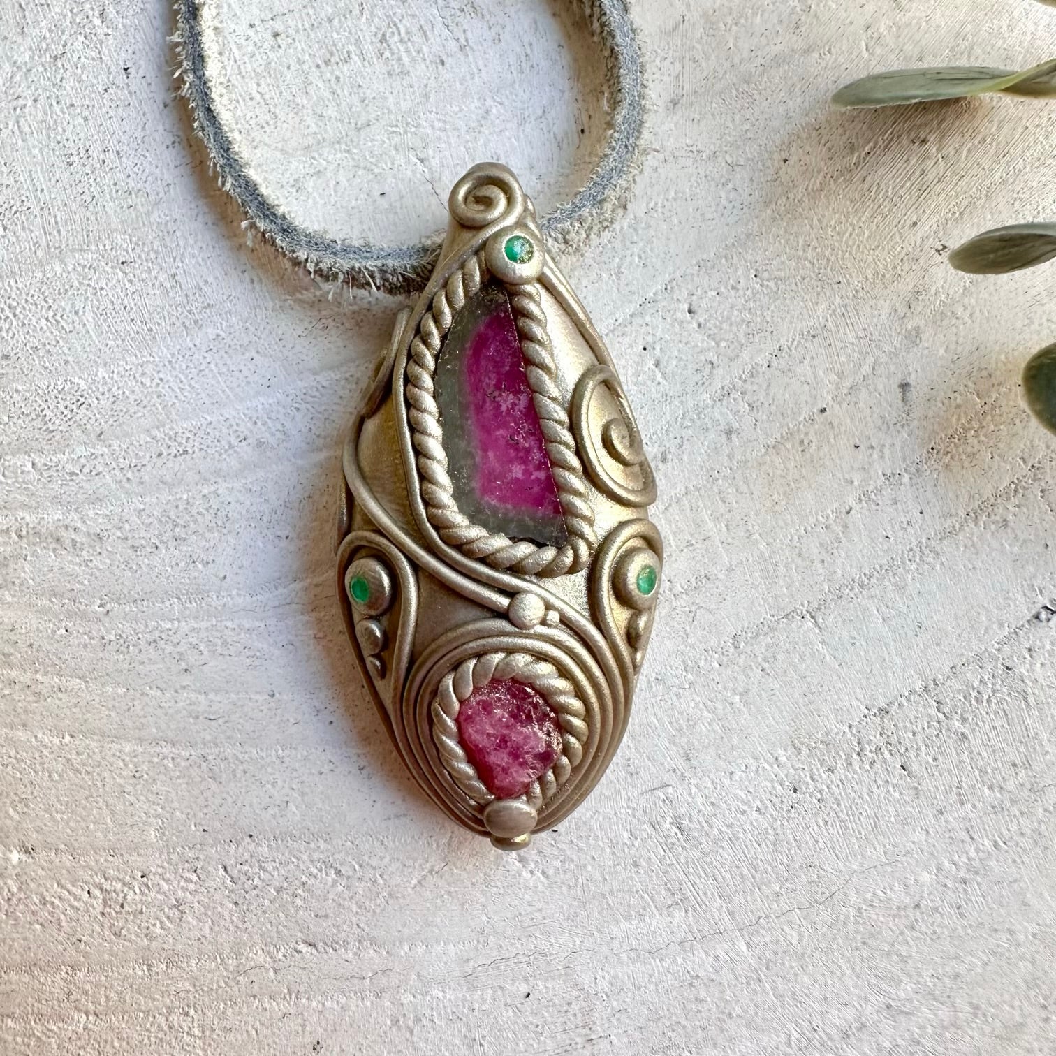 Handmade Watermelon Tourmaline, Raw Spinel and Emerald pendant necklace, a one of a kind healing crystal jewelry piece combining vibrant pink-and-green Tourmaline with natural Raw Spinel and rich green Emerald. An enchanting spiritual gemstone necklace inspired by love, harmony, renewal, grounding, confidence and heart-centered energy.