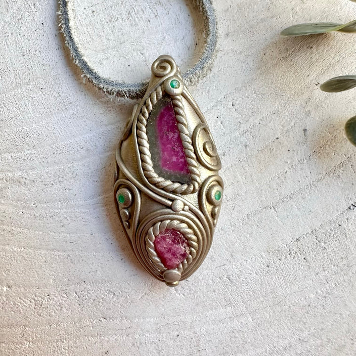 Handmade Watermelon Tourmaline, Raw Spinel and Emerald pendant necklace, a one of a kind healing crystal jewelry piece combining vibrant pink-and-green Tourmaline with natural Raw Spinel and rich green Emerald. An enchanting spiritual gemstone necklace inspired by love, harmony, renewal, grounding, confidence and heart-centered energy.