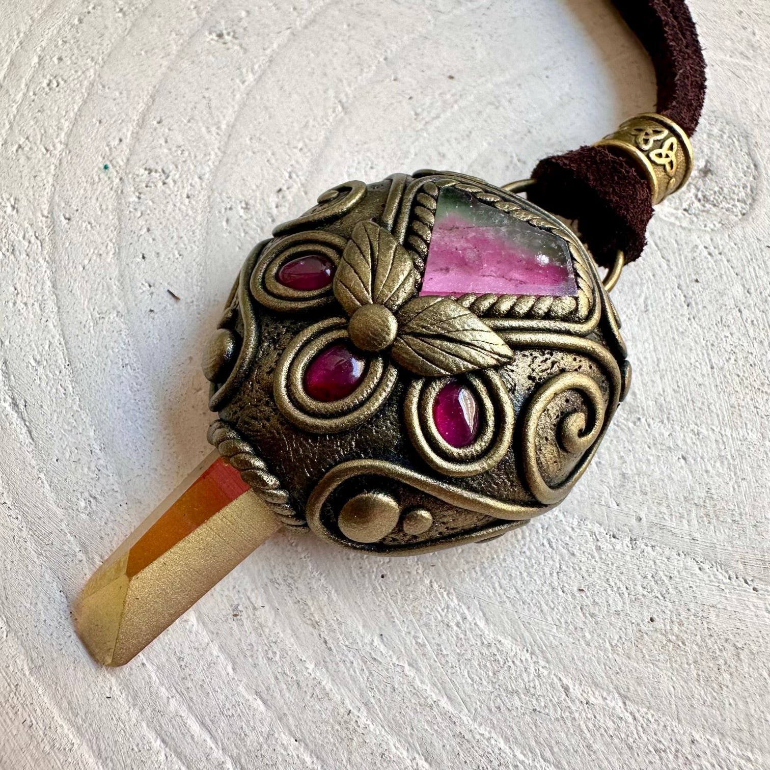 Natural gemstone necklace showcasing the warm colors of Sunset Aura Quartz with Watermelon Tourmaline.
