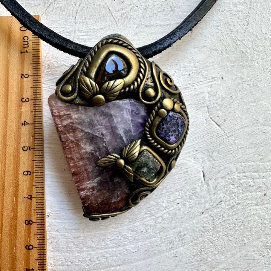 Super Seven Quartz, Moldavite, Charoite and Fire Agate Wearable Wand / Healing Crystal Pendant - FairyGardenGlow