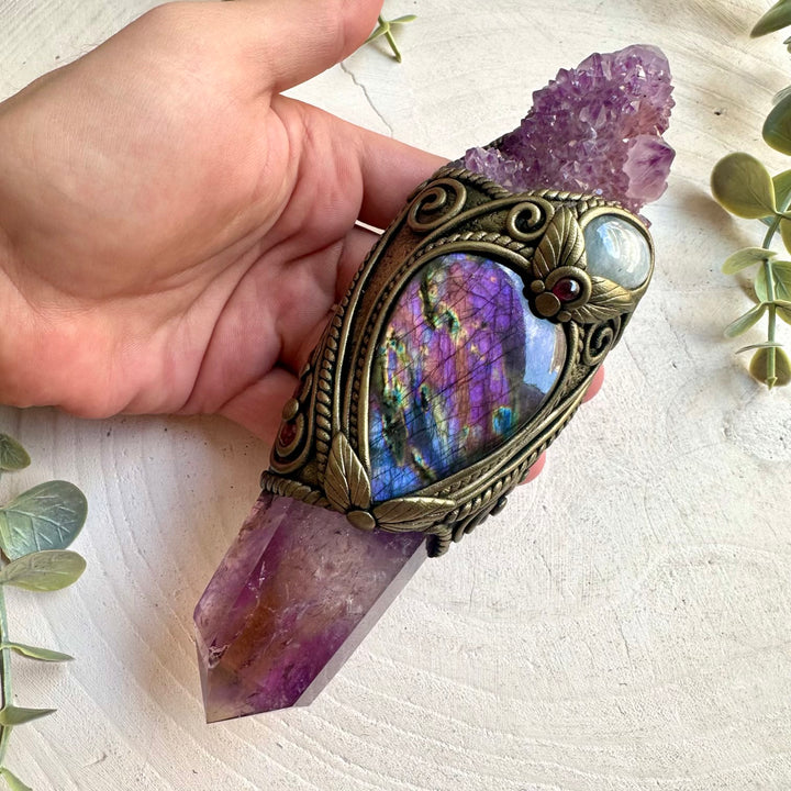 One of a kind crystal wand featuring a polished Ametrine point and genuine natural gemstones.
